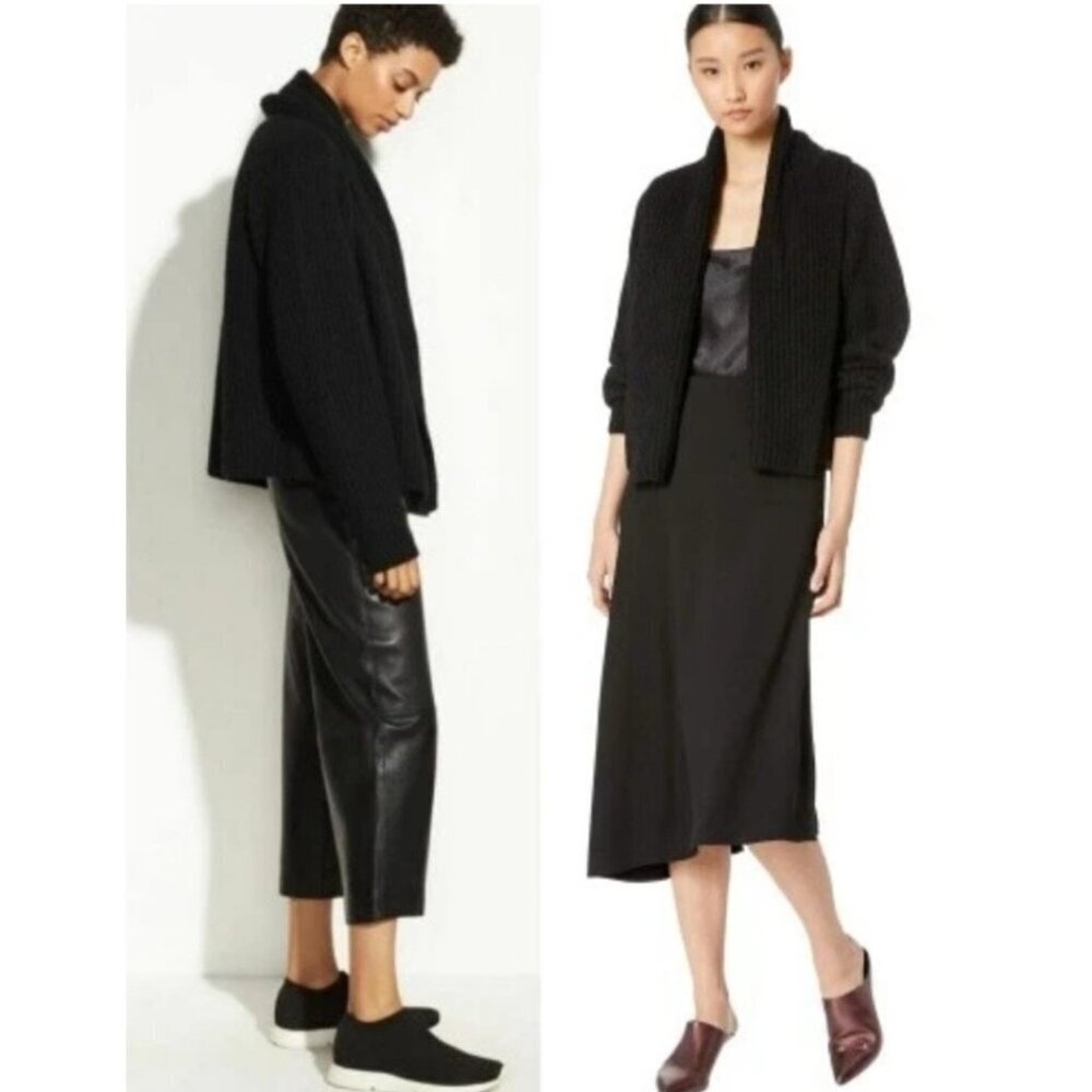 Vince Oversize Shawl Collar Soft Plush WoolBlend Rib Knit Cardigan Black XS $465